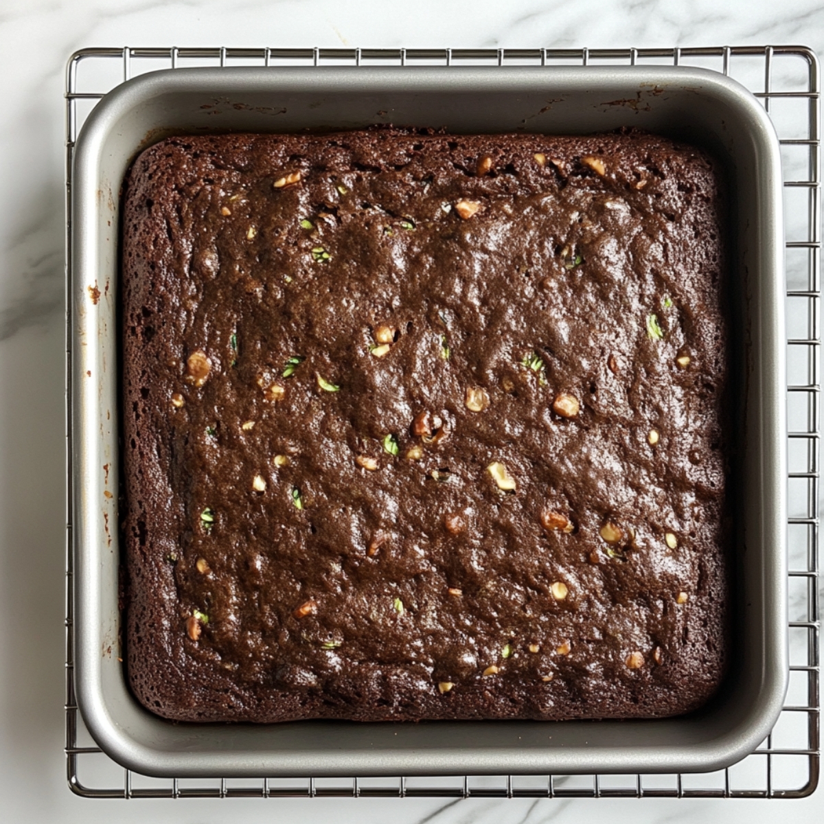 Freshly baked chocolate zucchini cake in a square metal pan, resting on a wire cooling rack, with visible bits of zucchini and chopped nuts on the surface.