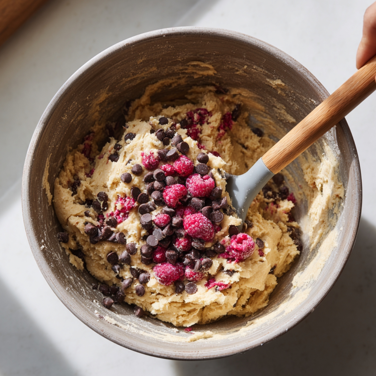 Cookie dough in a bowl with chocolate chips and raspberries being gently folded in with a spatula, captured in natural light for a fresh, homemade feel.