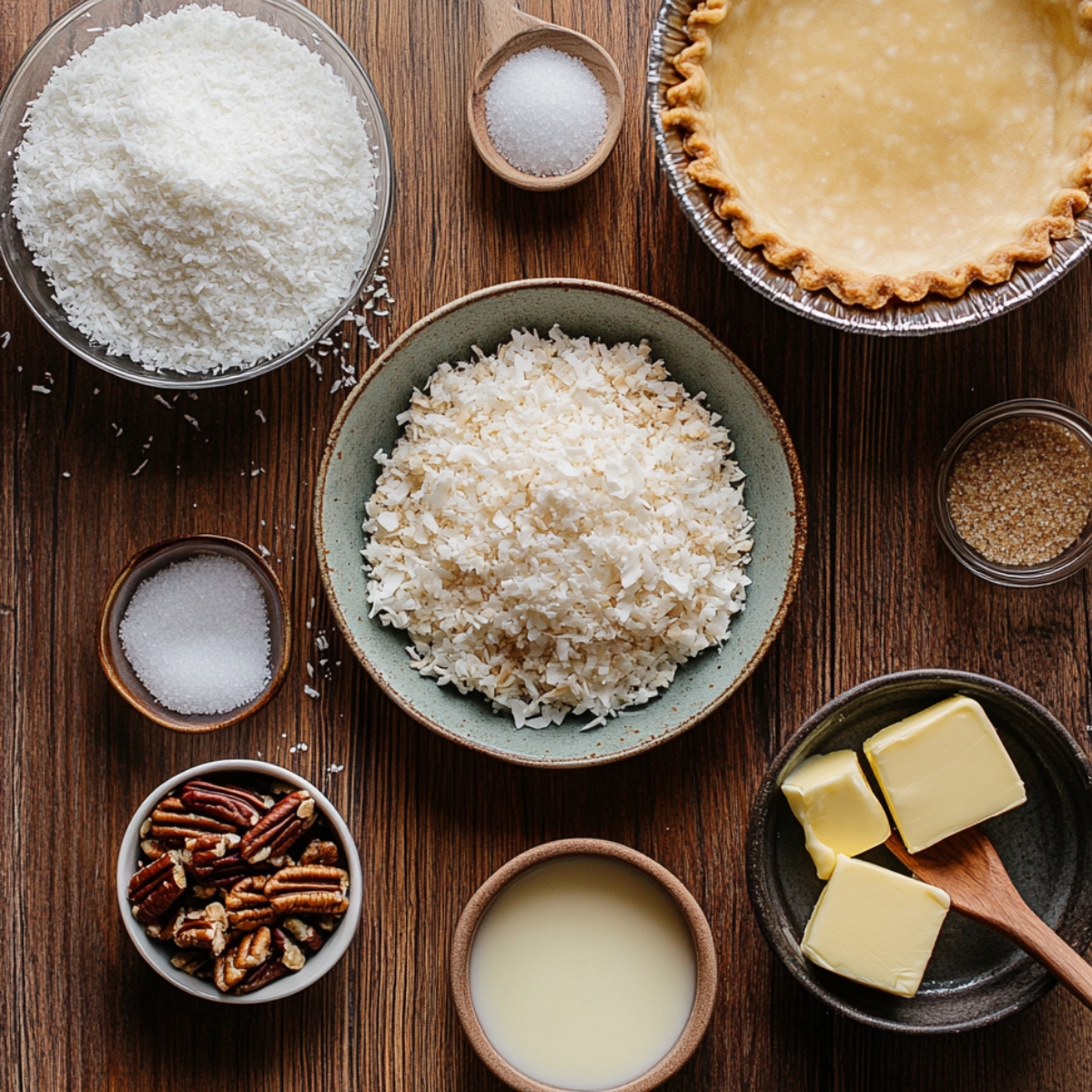 Ingredients for German chocolate pie topping and crust, including shredded coconut, pecans, butter, sugar, evaporated milk, and a pre-made pie crust, arranged on a wooden kitchen surface.
