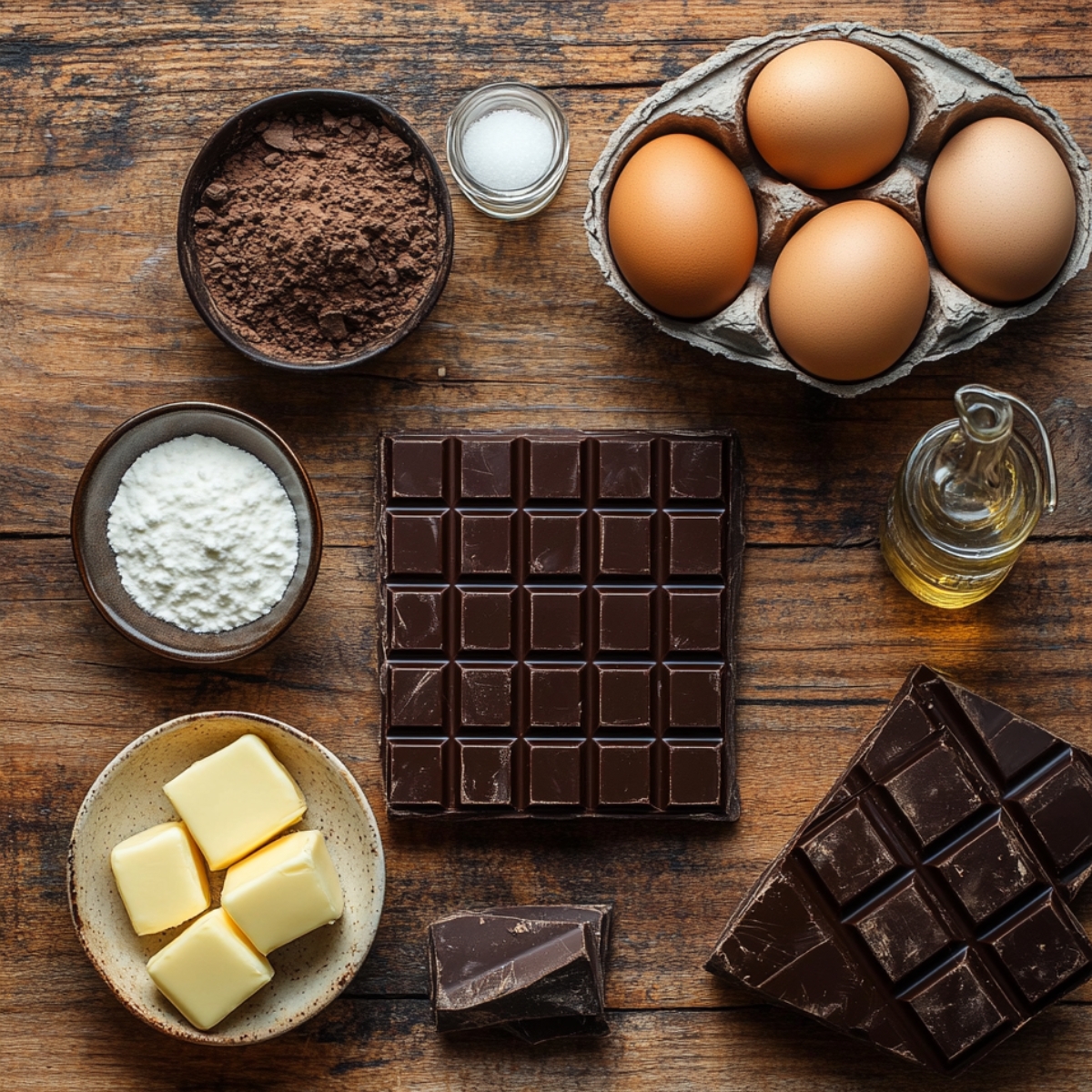 Ingredients for German chocolate pie filling, including dark chocolate, eggs, butter, sugar, cocoa, and vanilla, arranged on a rustic wooden surface.
