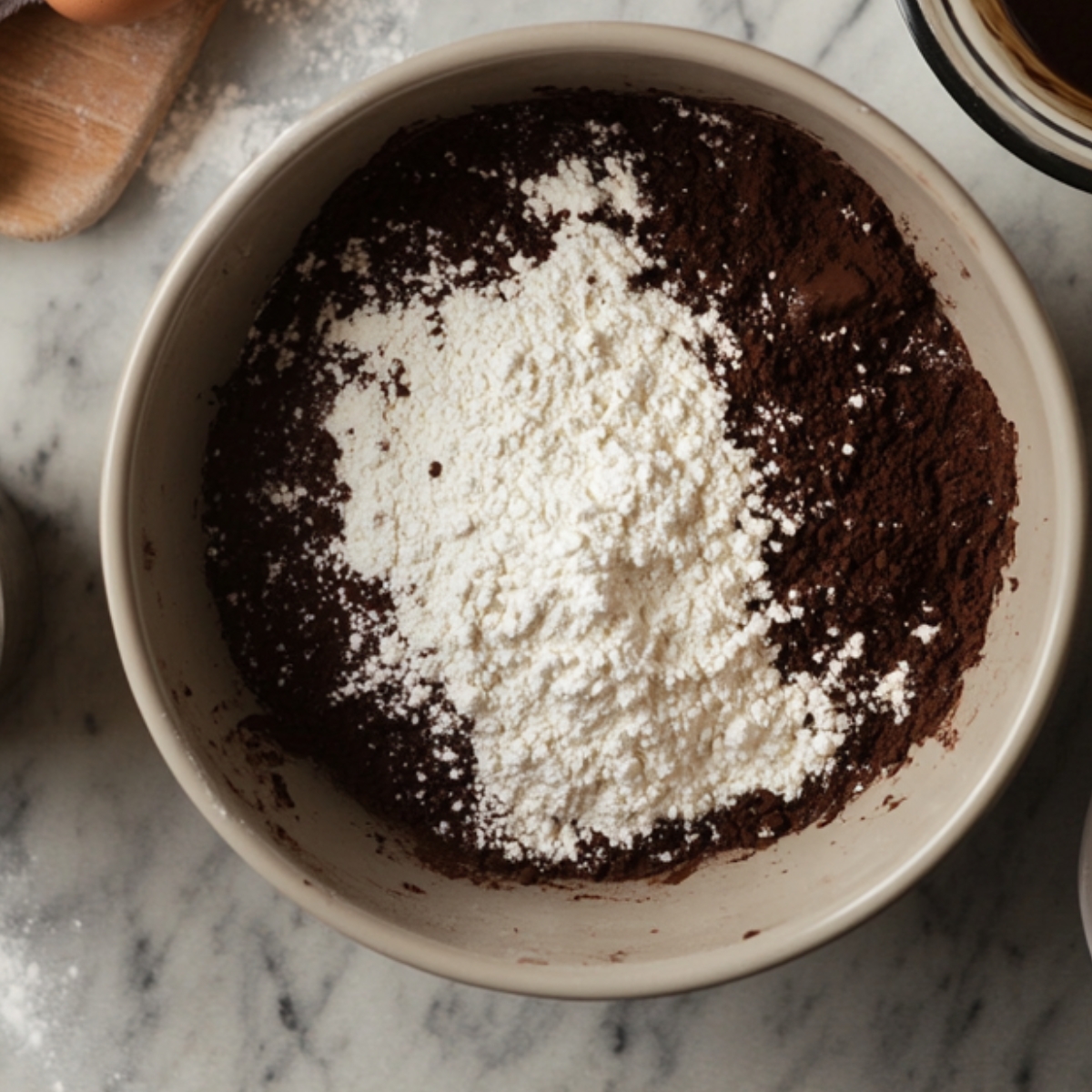 A mixing bowl filled with dry chocolate cake ingredients, including cocoa powder and flour, sitting on a marble countertop. The ingredients are partially combined, capturing the start of a homemade Mounds Cake.