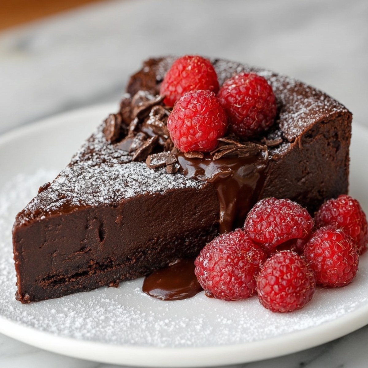 A thick, homemade slice of flourless chocolate cake topped with raspberries, chocolate shavings, and powdered sugar, with rich chocolate sauce dripping down the side, served on a white plate.