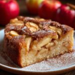 Homemade apple cinnamon cake with baked apple pieces and a dusting of powdered sugar and cinnamon, served on a ceramic plate with fresh apples in the background.