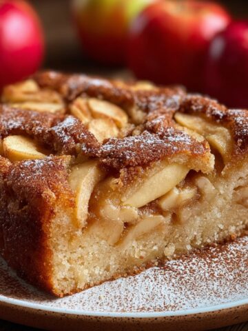 Homemade apple cinnamon cake with baked apple pieces and a dusting of powdered sugar and cinnamon, served on a ceramic plate with fresh apples in the background.