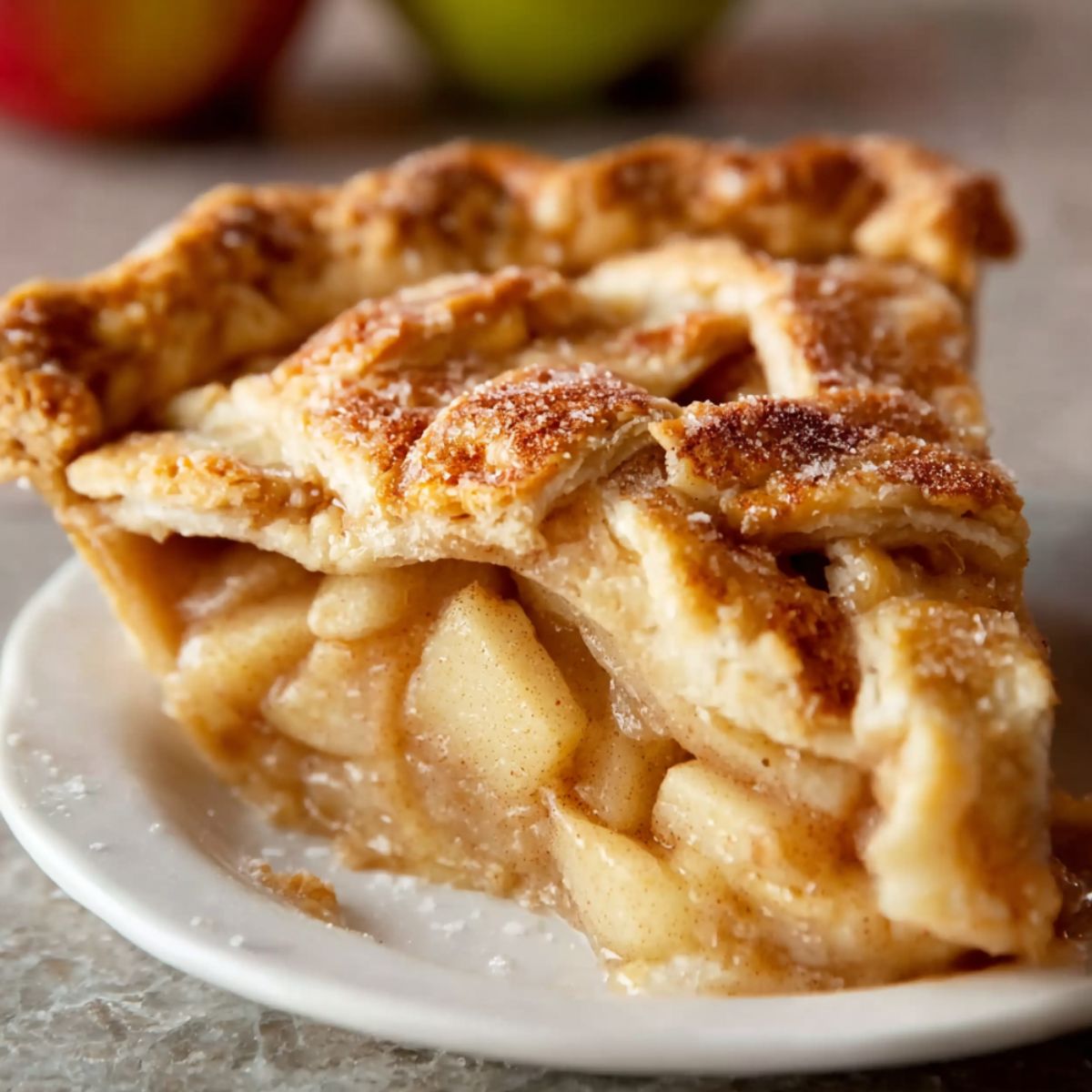 Close-up of a slice of homemade apple pie with a golden, flaky lattice crust, filled with tender, cinnamon-spiced apple slices, lightly dusted with sugar.