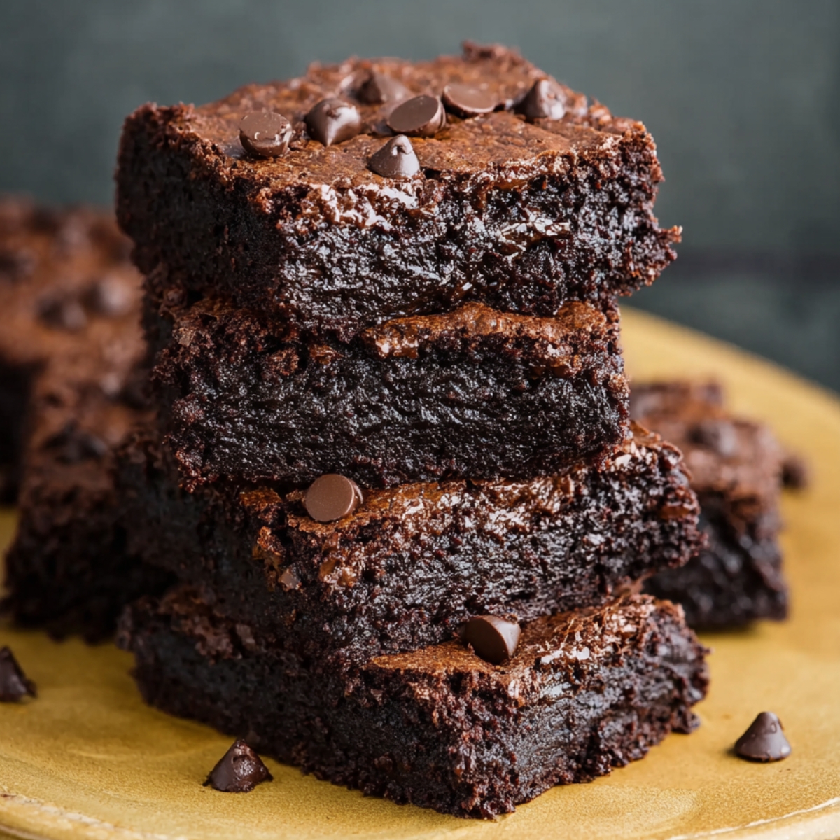 A stack of rich, homemade black bean brownies on a rustic ceramic plate, with a moist, fudgy texture, cracked tops, and melted chocolate chips scattered on and around them.