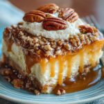A slice of homemade Butter Pecan Praline Poke Cake topped with whipped cream and toasted pecans, dripping with caramel sauce, served on a blue plate with a fork.