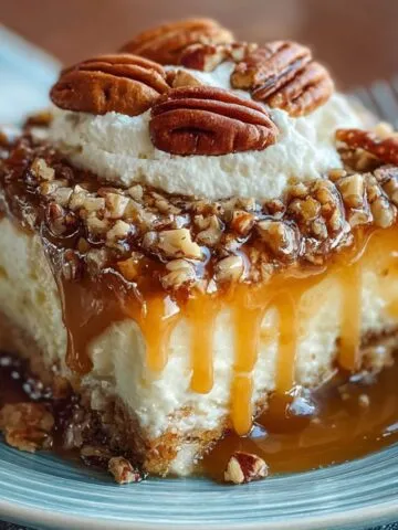 A slice of homemade Butter Pecan Praline Poke Cake topped with whipped cream and toasted pecans, dripping with caramel sauce, served on a blue plate with a fork.
