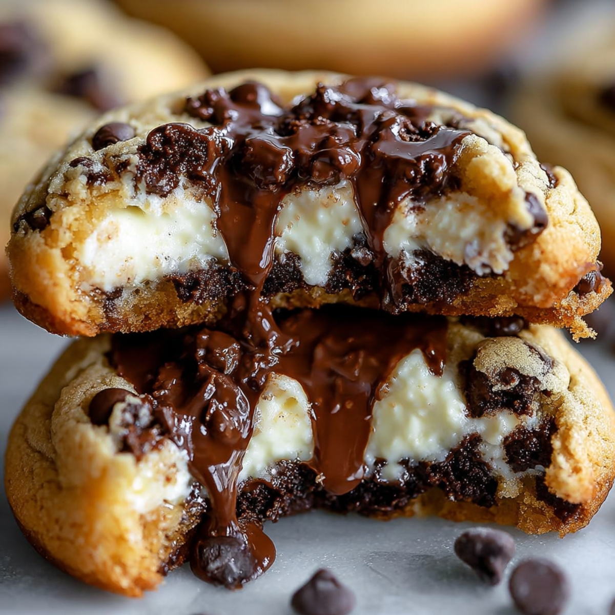 Gooey homemade Cheesecake Stuffed Chocolate Chip Cookies split open, revealing creamy cheesecake filling and melted chocolate oozing out.