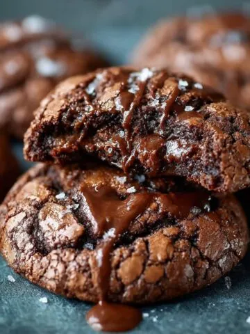 Gooey homemade chocolate brownie cookies with crackly tops, melted chocolate centers, and a sprinkle of sea salt on a dark surface.