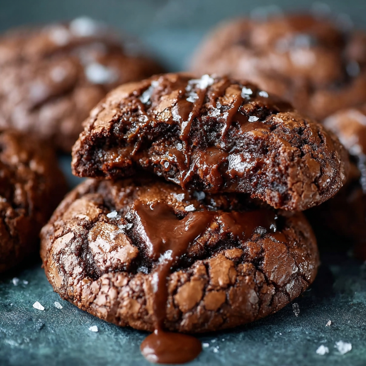 Gooey homemade chocolate brownie cookies with crackly tops, melted chocolate centers, and a sprinkle of sea salt on a dark surface.
