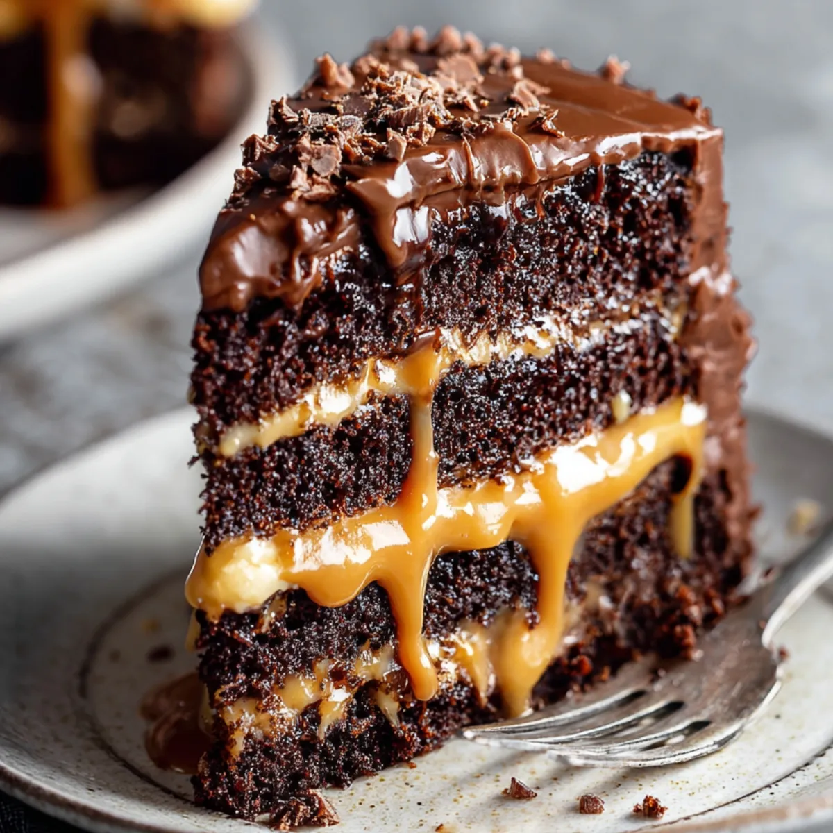 Homemade slice of chocolate caramel cake with moist chocolate layers, gooey caramel filling, glossy ganache topping, and chopped nuts, served on a rustic plate with warm lighting.