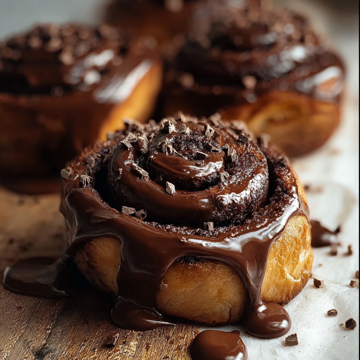 Close-up of homemade chocolate cinnamon rolls topped with melted chocolate, chocolate shavings, and powdered sugar on parchment paper.