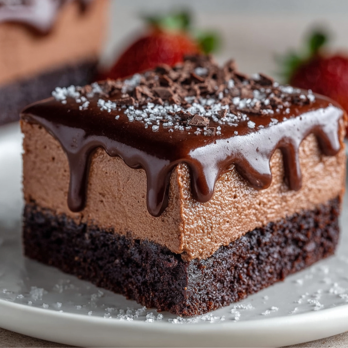 Homemade Chocolate Mousse Brownies topped with glossy ganache, fresh raspberries, mint, and sugar flakes on a ceramic plate.
