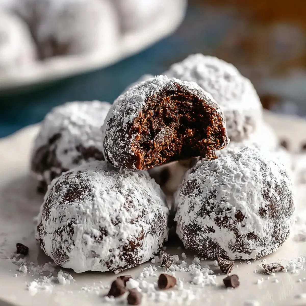 Homemade chocolate snowball cookies coated in powdered sugar on a plate, with one broken open to show the rich, fudgy center and natural cracks.
