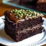 A moist slice of homemade chocolate zucchini cake with glossy chocolate frosting and chopped zucchini on top, served on a white plate with more cake in the background.