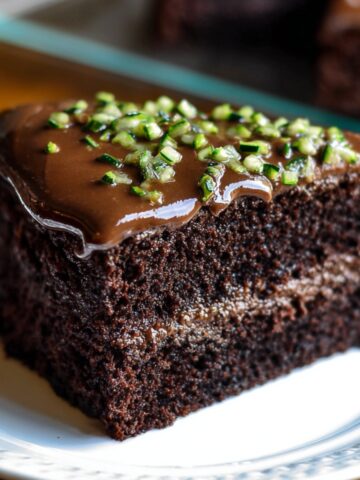 A moist slice of homemade chocolate zucchini cake with glossy chocolate frosting and chopped zucchini on top, served on a white plate with more cake in the background.