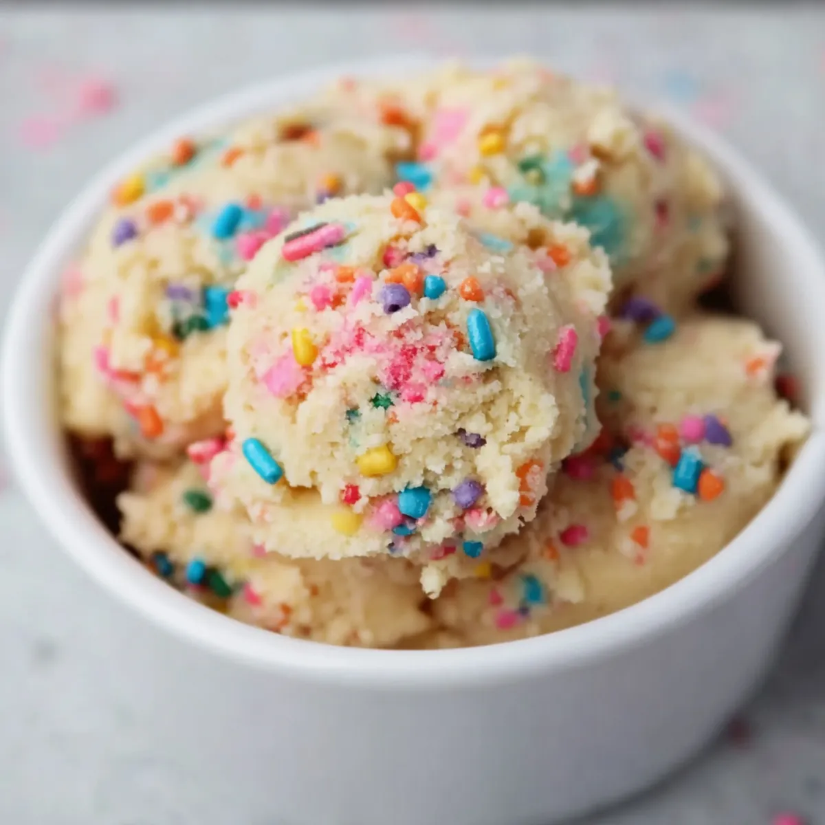 Homemade edible sugar cookie dough with colorful sprinkles, scooped into a white bowl on a gray surface.
