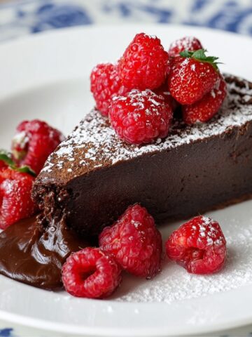 Homemade slice of flourless chocolate cake topped with fresh raspberries and dusted with powdered sugar, served on a white plate with a blue floral rim and a small pool of melted chocolate at the base.