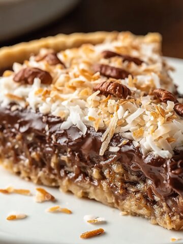 A homemade slice of German chocolate pie topped with toasted coconut and pecans, with a glossy chocolate filling and flaky golden crust on a white plate.