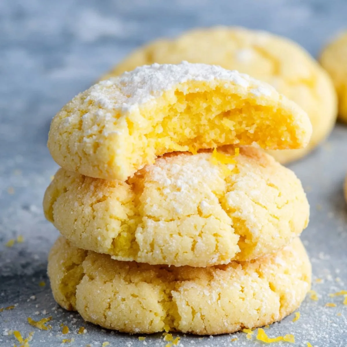 Stack of homemade lemon cookies on a gray surface, dusted with powdered sugar and lemon zest, with a bite taken from the top cookie revealing a soft, bright yellow center.