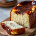 Homemade loaf pan Basque cheesecake with a caramelized top and creamy center, sliced to reveal its soft, custardy interior on parchment paper.