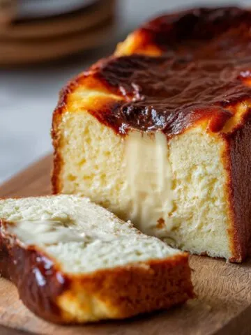 Homemade loaf pan Basque cheesecake with a caramelized top and creamy center, sliced to reveal its soft, custardy interior on parchment paper.