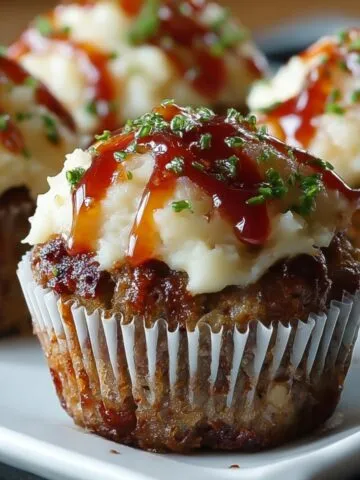 Homemade meatloaf cupcakes in white liners, topped with piped mashed potatoes, ketchup drizzle, and chopped chives on a white plate.