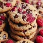 Stack of homemade raspberry chocolate chip cookies with melted chocolate, baked raspberries, and sea salt on top, surrounded by fresh raspberries.
