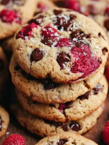 Stack of homemade raspberry chocolate chip cookies with melted chocolate, baked raspberries, and sea salt on top, surrounded by fresh raspberries.