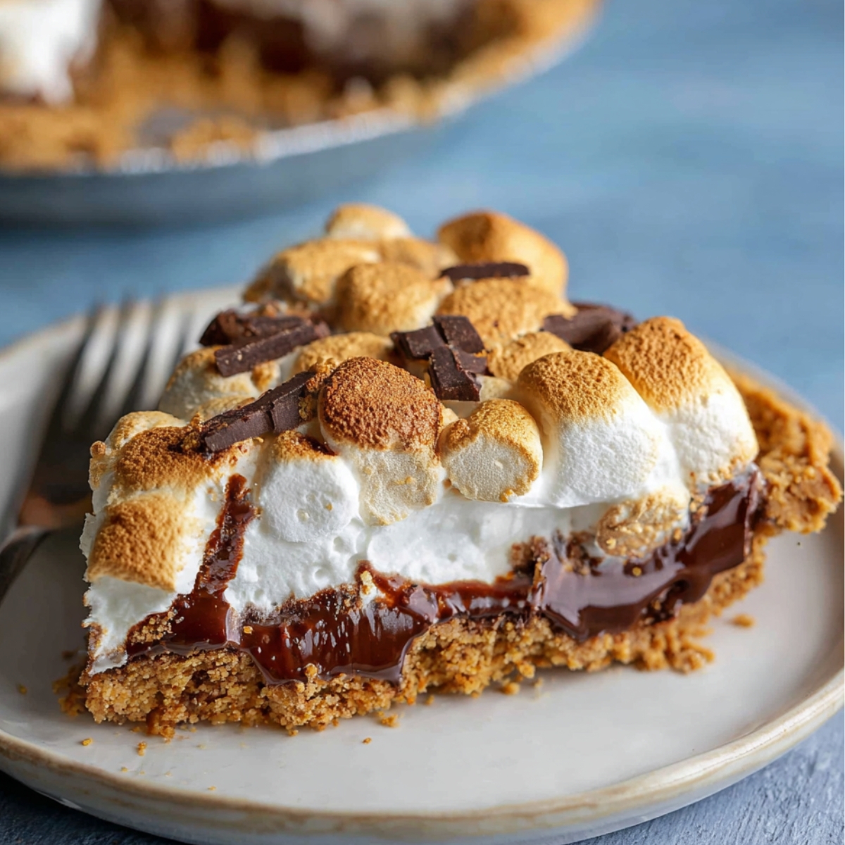 Homemade s'mores pie slice with graham cracker crust, gooey chocolate filling, and toasted marshmallow topping on a plate with a fork.