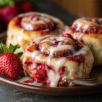Homemade strawberry cheesecake cinnamon rolls on a brown ceramic plate, swirled with gooey strawberries and drizzled with cream cheese icing, with a fresh strawberry and fork beside them.