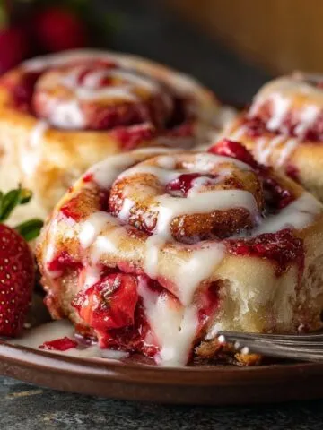 Homemade strawberry cheesecake cinnamon rolls on a brown ceramic plate, swirled with gooey strawberries and drizzled with cream cheese icing, with a fresh strawberry and fork beside them.