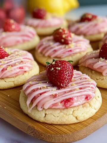 Homemade strawberry lemonade cookies with pink frosting, white drizzle, sprinkles, and fresh strawberry halves on top, arranged on a wooden board with lemons and strawberries in the background.