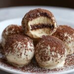 Homemade tiramisu balls coated in white cream and dusted with cocoa powder, with one ball cut open to show layers of moist cake and chocolate filling.