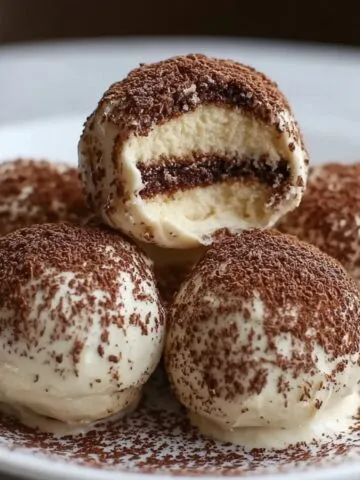 Homemade tiramisu balls coated in white cream and dusted with cocoa powder, with one ball cut open to show layers of moist cake and chocolate filling.