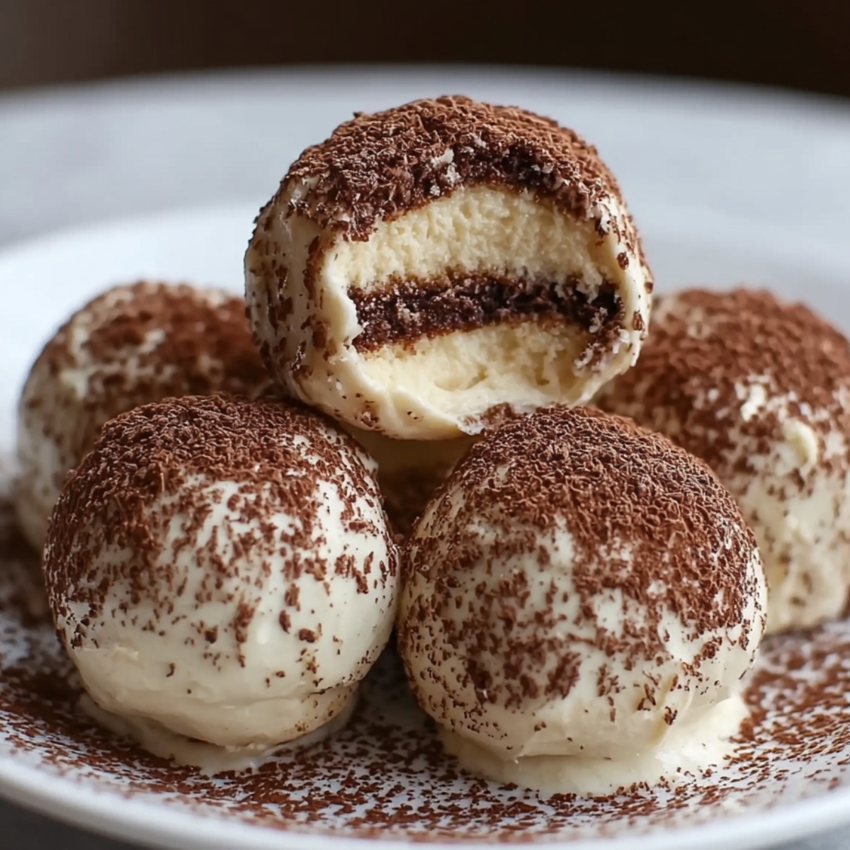 Homemade tiramisu balls coated in white cream and dusted with cocoa powder, with one ball cut open to show layers of moist cake and chocolate filling.