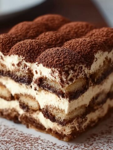 Homemade tiramisu cake slice with layers of espresso-soaked ladyfingers, mascarpone cream, and a dusting of cocoa powder on top, served on a white plate.