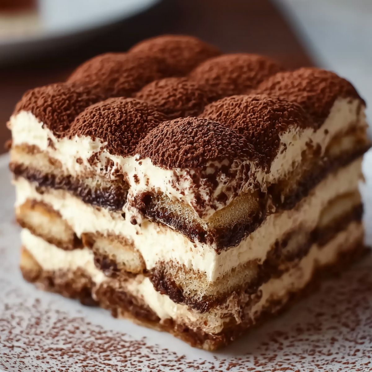 Homemade tiramisu cake slice with layers of espresso-soaked ladyfingers, mascarpone cream, and a dusting of cocoa powder on top, served on a white plate.