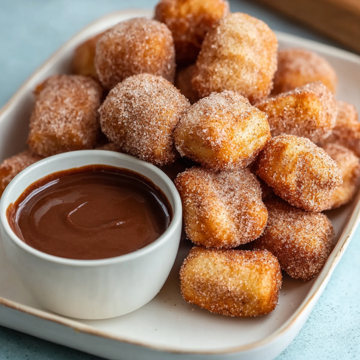 Golden, cinnamon-sugar coated air fryer churro bites on a white plate with a small bowl of rich chocolate dip.