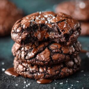 A stack of three homemade chocolate brownie cookies on a dark textured surface, topped with flaky sea salt. The top cookie is partially bitten, revealing a glossy, molten chocolate center dripping down the sides.