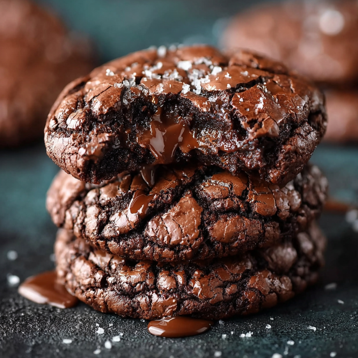 A stack of three homemade chocolate brownie cookies on a dark textured surface, topped with flaky sea salt. The top cookie is partially bitten, revealing a glossy, molten chocolate center dripping down the sides.