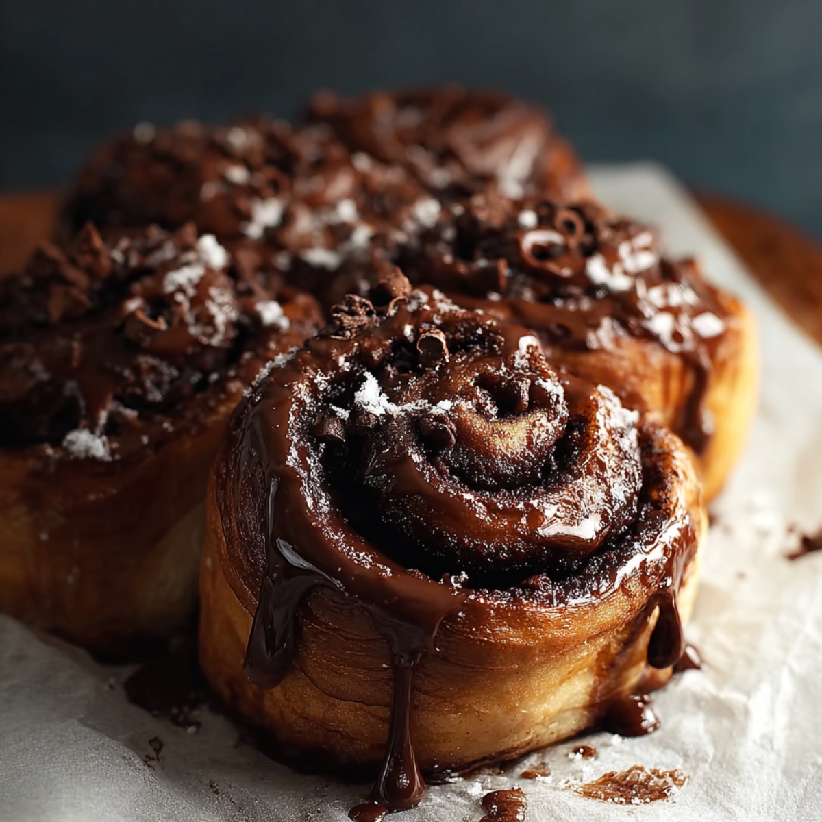 Close-up of a gooey chocolate cinnamon roll with rich filling, melted chocolate drizzle, and soft golden dough on a white plate.