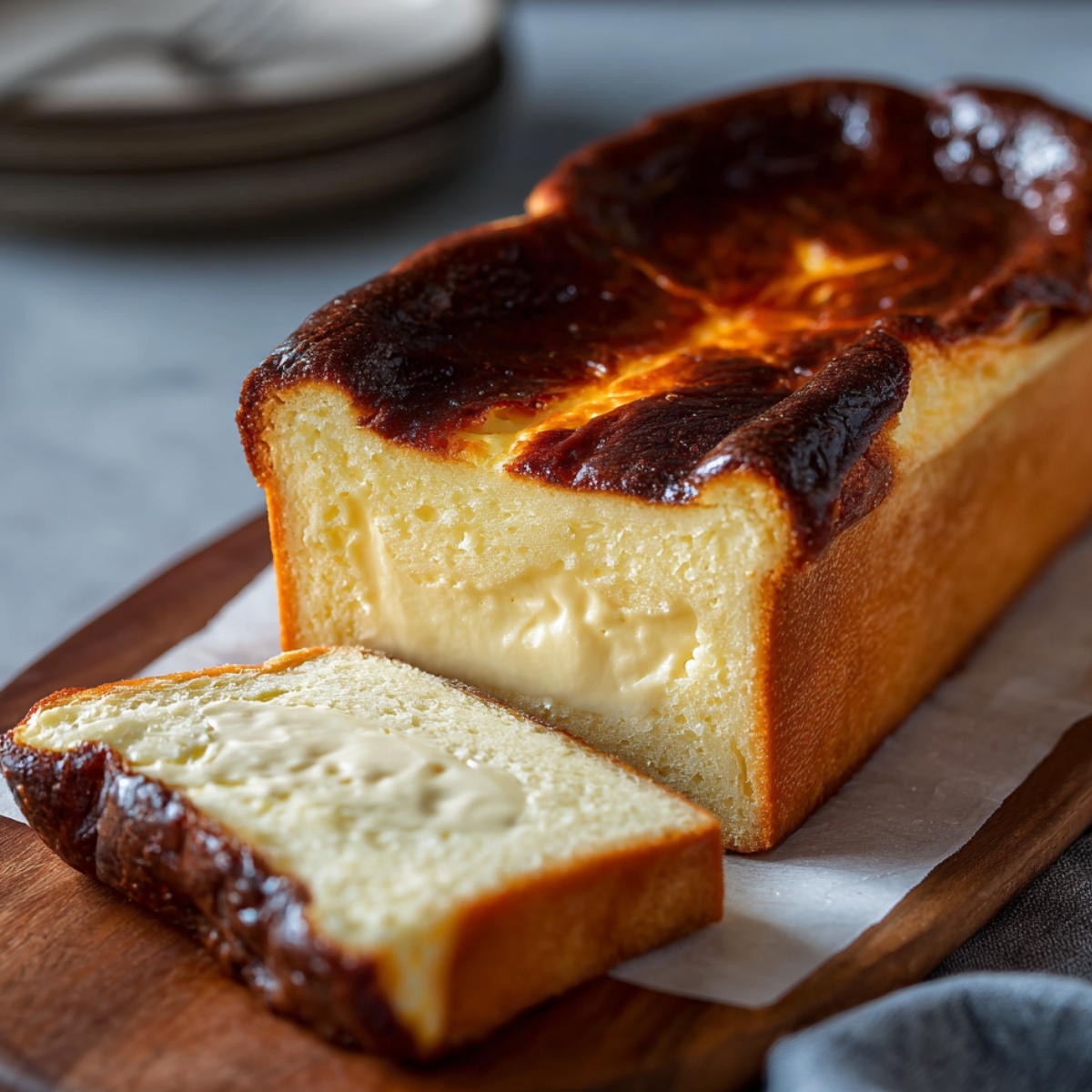 A homemade loaf pan Basque cheesecake with a caramelized top and creamy center, sliced to reveal its rich, custardy interior on a wooden board.