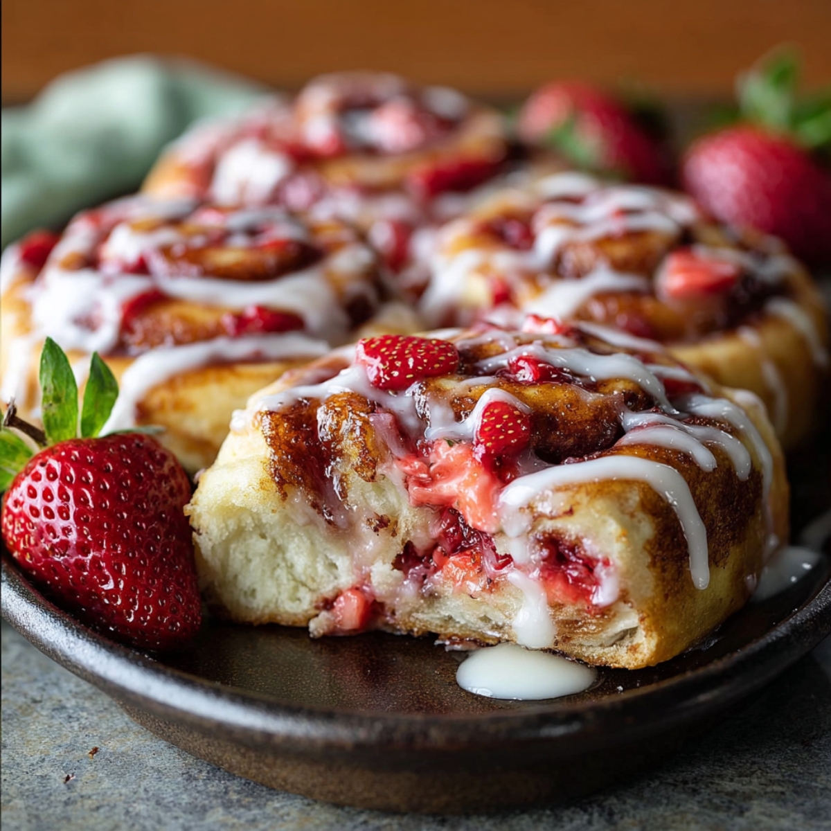 How To Make Strawberry Cheesecake Cinnamon Rolls topped with cream cheese icing and fresh strawberry slices, served on a rustic brown plate with one roll pulled apart to reveal the gooey filling.
