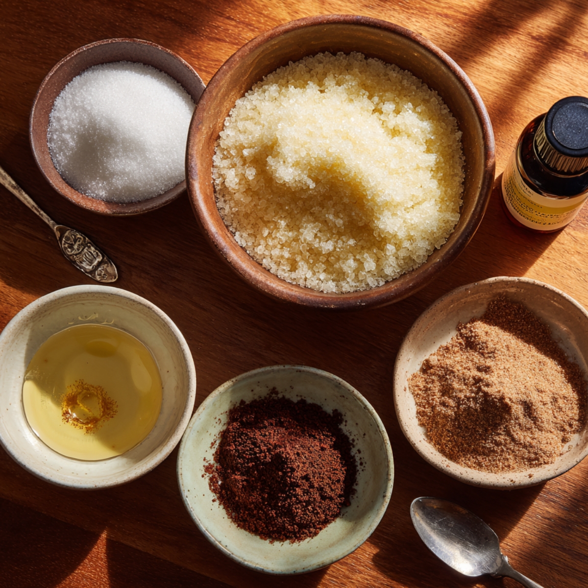 Various baking ingredients for air fryer churro bites arranged on a wooden surface, including coarse sugar, ground cinnamon, vanilla extract, oil, granulated sugar, and coffee grounds, all in ceramic bowls under warm natural light.