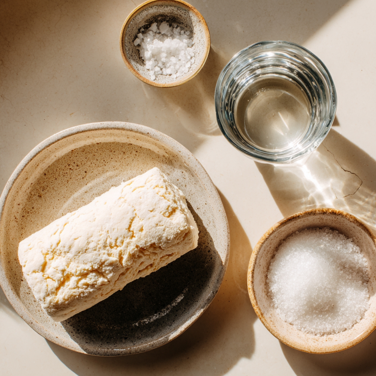 A tube of raw biscuit dough on a ceramic plate, surrounded by small bowls of coarse salt, granulated sugar, and a glass of water, all lit by soft natural sunlight on a cream-colored surface.