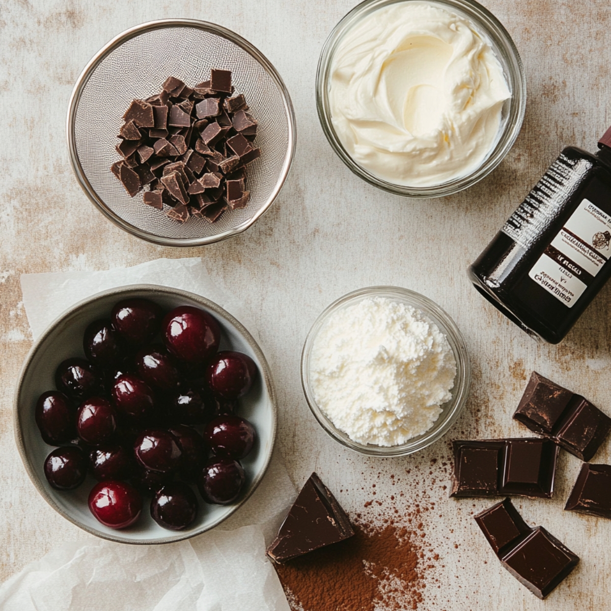 Top-down view of Black Forest brownie ingredients: cherries, whipped cream, powdered sugar, chopped chocolate, cocoa powder, and cherry liqueur on a light surface.