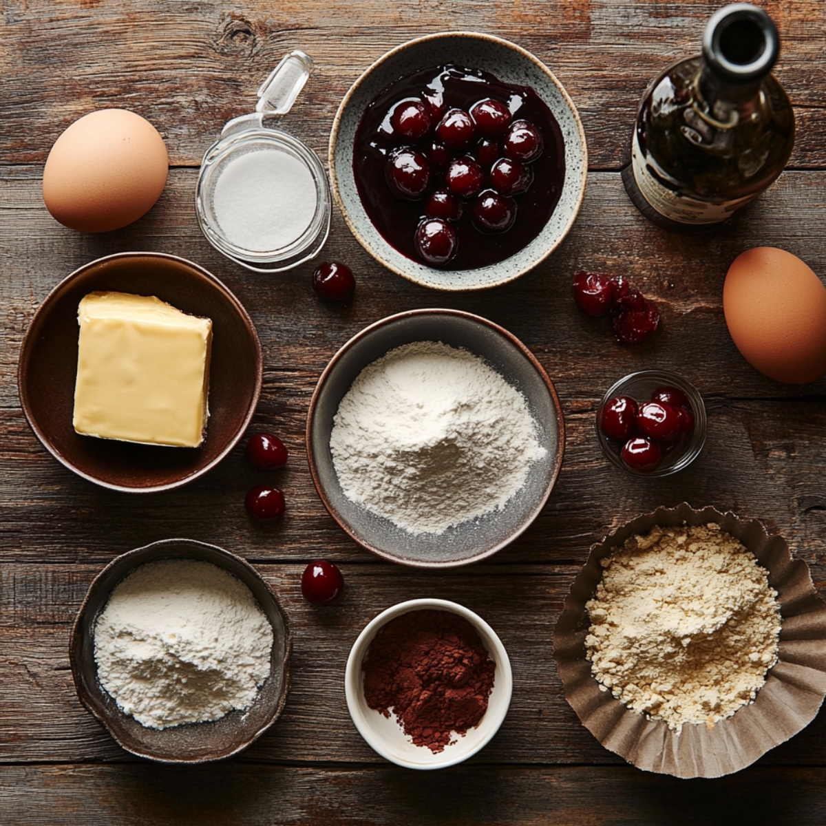 Top-down view of homemade Black Forest brownie ingredients on a rustic wooden table, including eggs, butter, flour, cocoa powder, sugar, cherries, and cherry liqueur.