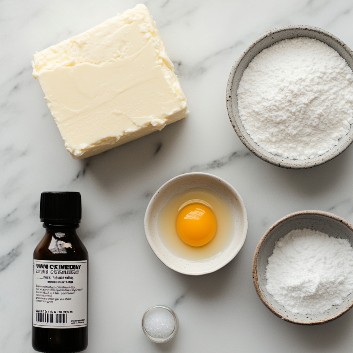 Cheesecake filling ingredients on a marble counter: cream cheese block, powdered sugar, egg yolk, vanilla extract, and a pinch of salt, arranged naturally with a homemade feel.